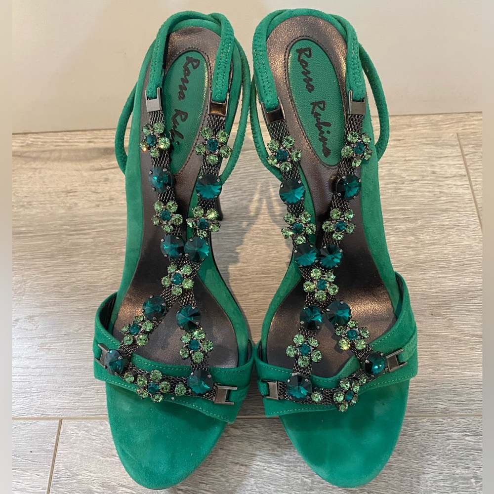Rosso Rubino Green Suede Jeweled Platform Sandals, Sz 36